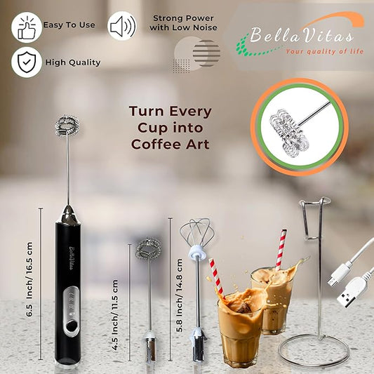 Milk Frother Handheld Rechargeable, 3-Speed Electric Frother Wand Whisk, Foam Maker Drink Mixer with Stand, 2 Whisks Coffee Frother for Latte, Cappuccino, Matcha, Cocoa, Eggs, Black-1