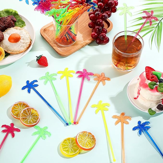 100 Pieces Swizzle Stick Cocktail Drinks Stirrers Disposable Plastic Stirring Sticks for Bar Juices Chocolate Milk Home Restaurant Party(Coconut Trees)