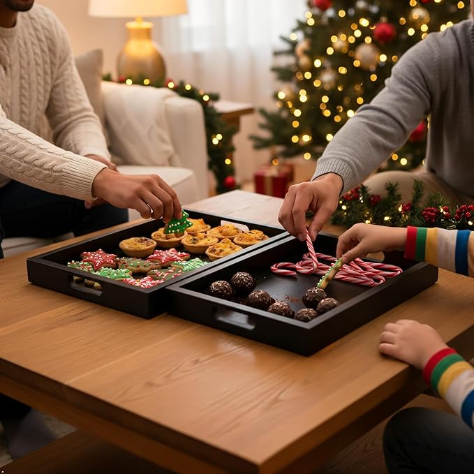 Black Acacia Wooden Rectangular Serving Tray with Handles, Set of 2 (15"x11" & 13"x10"), Large Tray for Ottoman, Breakfast in Bed, Dinner, Coffee Table Decor & Kitchen