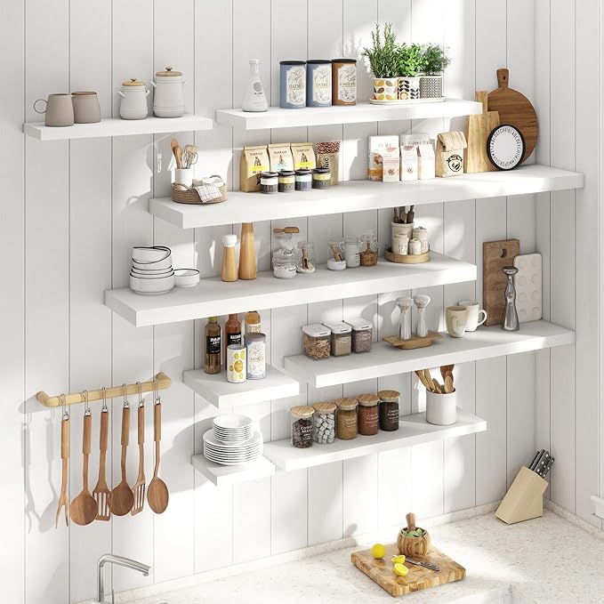 Floating Shelves for Wall with Invisible Brackets, Wall Mounted Engineered Wood Shelves with Wood Grain for Living Room, Bedroom, Bathroom, Kitchen Decor and Storage, Oak, 71"L Set of 2, White