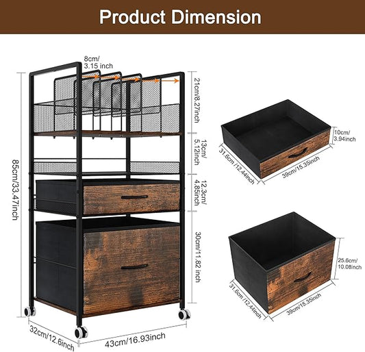 Rolling Storage Cart with 2 Drawers, 4 Tier Heavy Duty Utility Cart with Adjustable Dividers & Wheels, Mobile Storage Cabinet for Home, Office, Classroom, Coffee Bar, Black/Antique