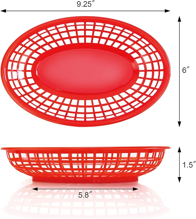 New Star Foodservice 44164 Fast Food Baskets, 9 1/4-Inch x 6-Inch Oval, Set of 12, Red