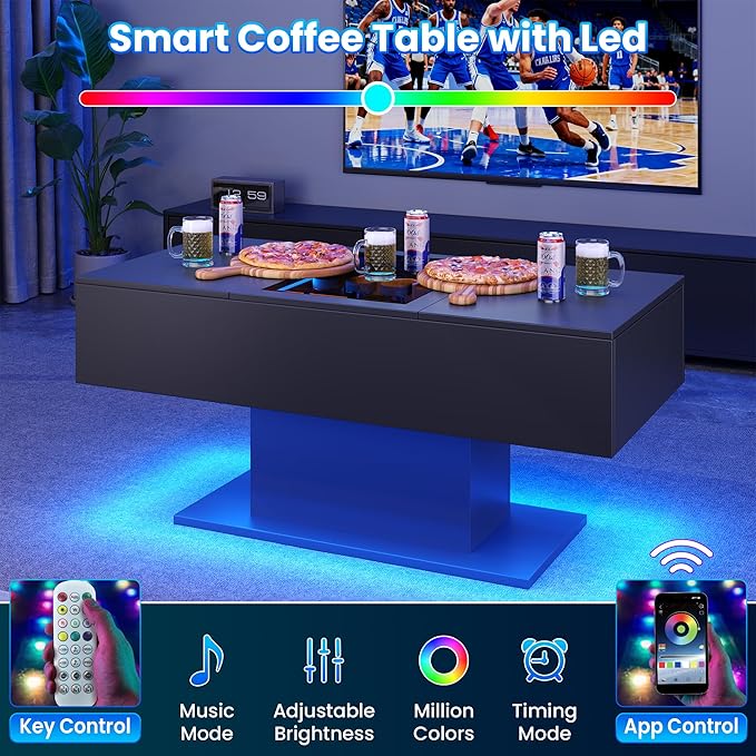 LED Coffee Table, 44" 3-Drawers Modern Coffee Table with Storage and Charging Station, for Living Room, Black