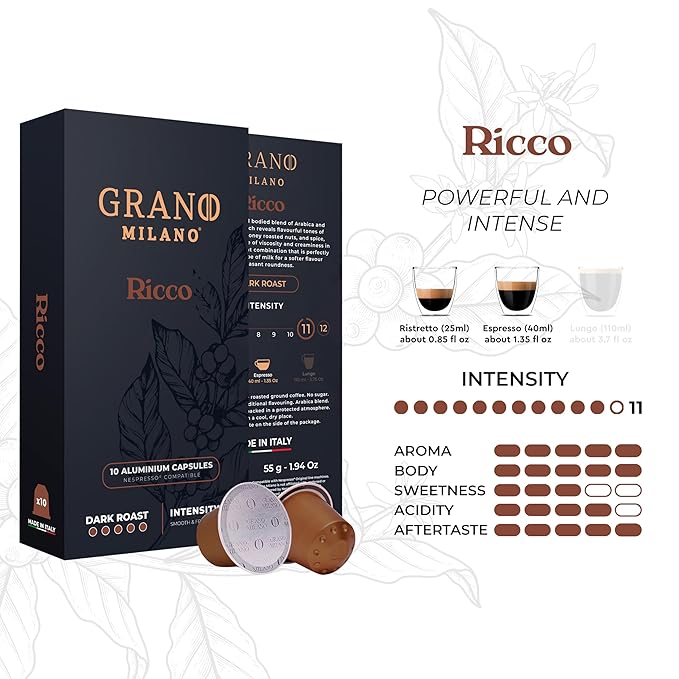 Grano Milano Ricco Coffee Capsules - 100 Aluminum Coffee Pods Compatible with Nespresso Original line, Dark Roast - Intensity 11/12, Made in Italy