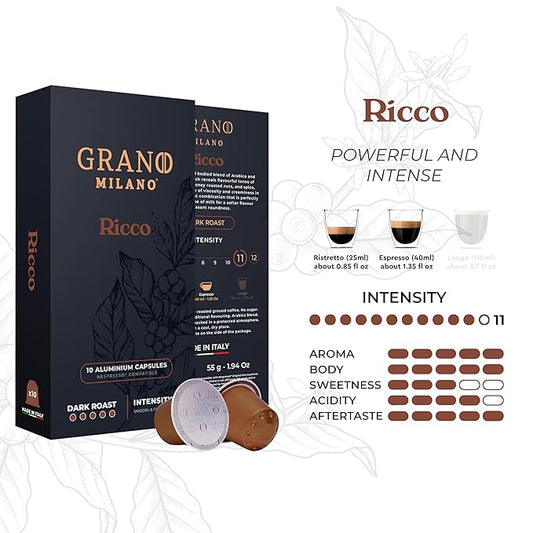 Grano Milano Ricco Coffee Capsules - 100 Aluminum Coffee Pods Compatible with Nespresso Original line, Dark Roast - Intensity 11/12, Made in Italy