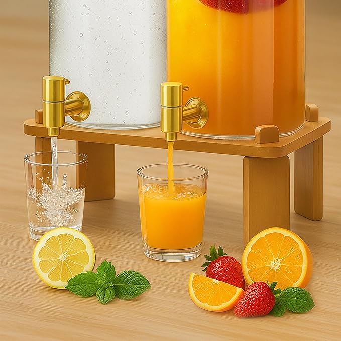 VERSSURE 2PCS Drink Dispenser, 1.5 Gallon Each Glass Beverage Dispenser with Wood Stand and Stainless Steel Faucet Ideal for Juice, Lemonade, and Tea,Large Drink Dispenser for Parties and Home Use