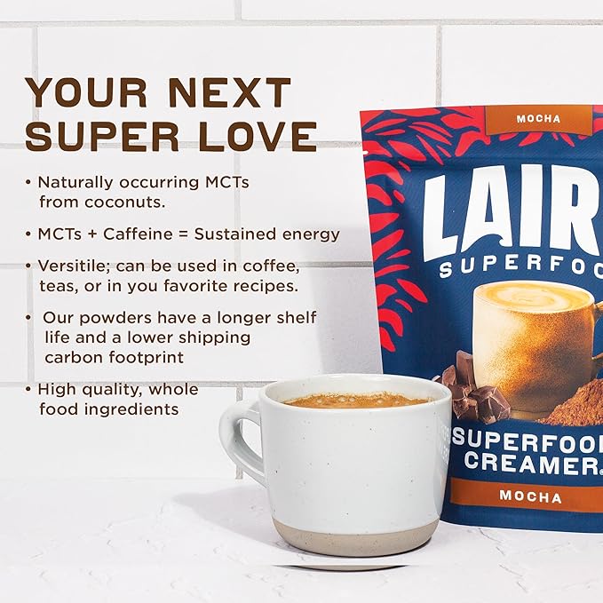 Laird Superfood Non-Dairy Coffee Creamer Mocha, Shelf-Stable Superfood Non-Dairy Powder Creamer, Gluten Free, Non-GMO, Vegan, 16 oz. Bag, Pack of 2