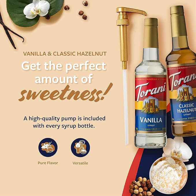 Torani Syrups, Classic Hazelnut and Vanilla Syrup Variety 2-Pack, Coffee Syrups for Drinks, Pumps Included, 25.4 Fl Oz Ea