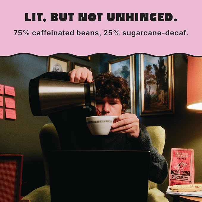Control Freak Coffee Controlled Chaos 75% Caffeine Ground Coffee (12 oz) – Low Caffeine Coffee Reduced Blend, Sugarcane Decaf – Freshly Roasted Specialty Coffee, Bold, Smooth Roast