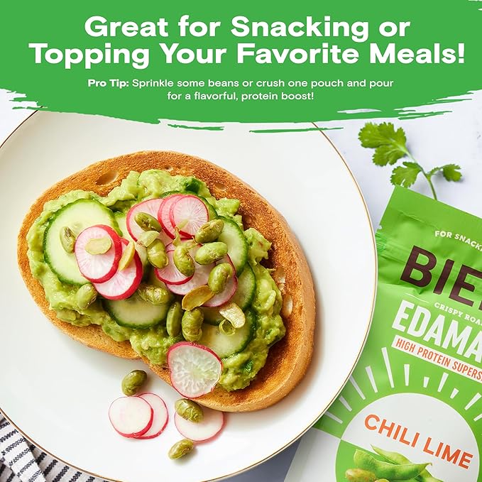 Biena Crispy Roasted Edamame Beans Snack – High Protein Snack for Adults & Kids, 12g-13g Protein per Serving - Made with Avocado Oil – Vegan, Low Carb, Gluten-Free – 3-Pack 4.75oz, Chili Lime