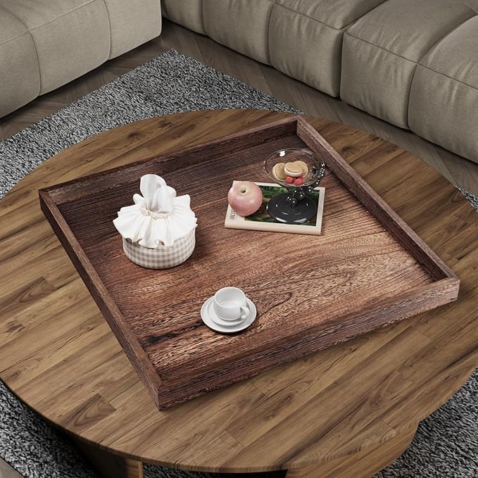 Ottoman Tray for Coffee Table Living Room Wood Serving Tray Large Wooden Square 24 Inches Rustic Brown