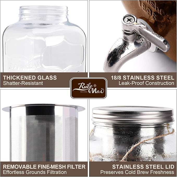 Cold Brew Coffee Maker With Silicone Mat, Cold Brew Pitcher,1 Gallon Glass Pitcher With Stainless Steel Filter,304 Stainless Steel Leak-Proof Spigot,Large Iced Coffee Maker for Home, Easy to Use