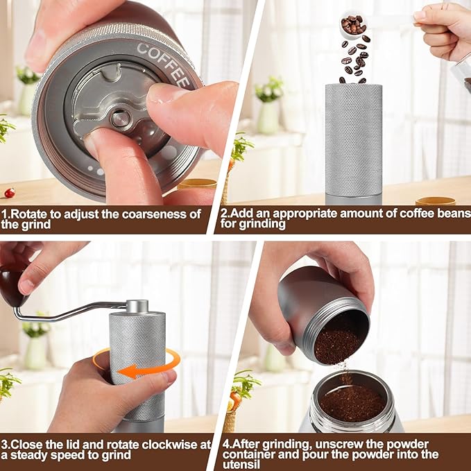 Manual Coffee Grinder Non-Detachable Stainless Steel Conical Burr Aluminum Coffee Bean Grinder with 25 Grinding Settings Cleaning Brush Grindable Espresso Moka Pot French Press for Camping Silver
