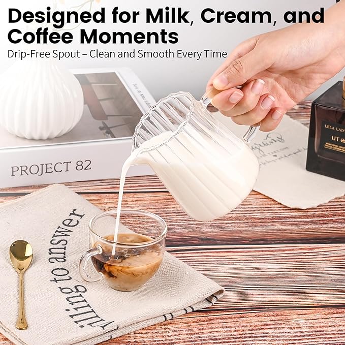 2 Pack 8.5 Ounces Glass Pitcher Small Pitcher Milk Frother Cup Mini Creamer Container Tea Serving Carafe Heat Resistant Breast Milk Pitchers for Coffee Bar Kitchen Essentials