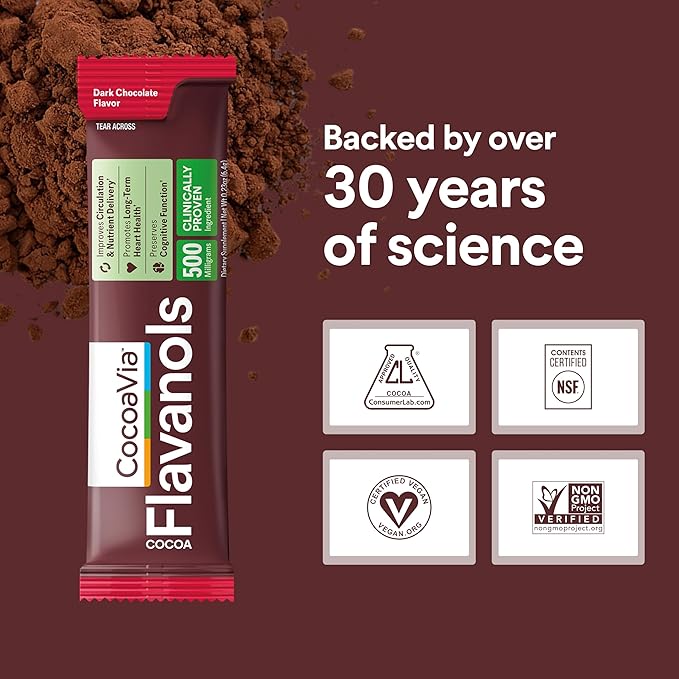 CocoaVia Cardio Health Cocoa Powder, 15 Single Serve Sticks, 500mg Cocoa Flavanols, Support Heart Health, Boost Nitric Oxide, Improve Circulation, Energy, Preworkout, Travel-Friendly, Vegan, Cacao