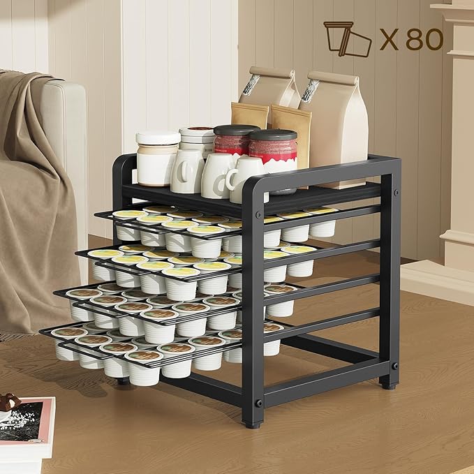 Coffee Pod Drawer Holder, 4 Tier Organizer for K Cup, 80 Pods Capacity, Spacious Storage Rack for K Cup, Space Saving, Easy Assembly, Black KH04BBY1