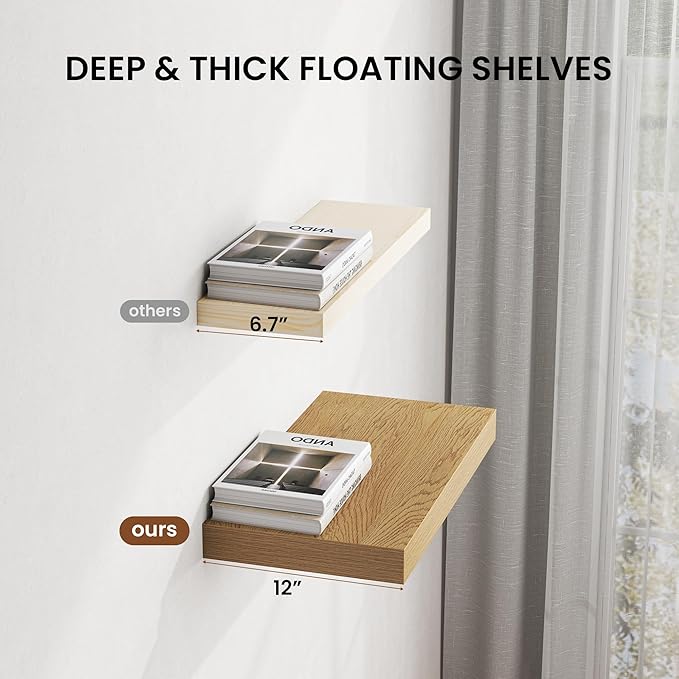Dreamland 48" Floating Shelves for Wall, 12" Deep Thicker Oak Floating Shelves, Wall-Mounted Shelves for Bedroom, Living Room, Kitchen, Bathroom - Set of 2