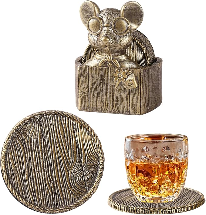 Cabin Coasters Set 6 Full Size Non-Slip Bar Coasters, Indoor Christmas Decorations, Man Cave Gifts for Men, Rustic Handmade Decor for The Home (Rat)