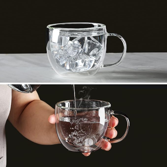 CNGLASS Double Wall Glass Cappuccino Mugs 8.1oz,Clear Insulated Glass Coffee Mug with Handle for Espresso,Latte,Tea,Set of 2 | Double Wall, Insulated, Glass Coffee Mug, with Handle, for Espresso, Latte
