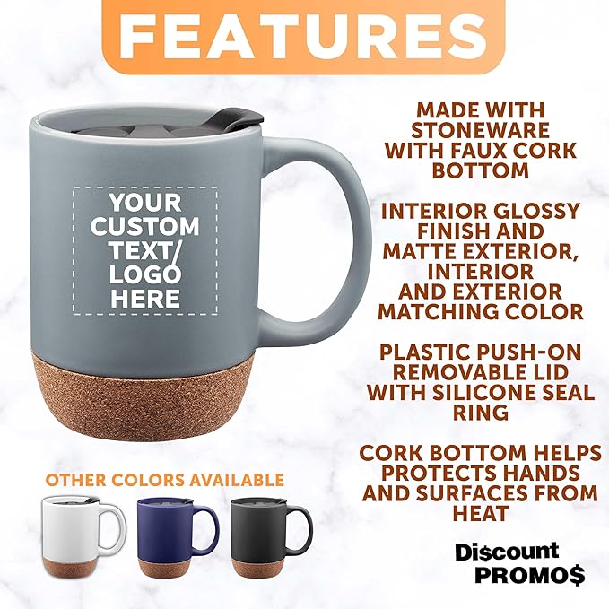 Custom Barista Ceramic Mugs with Cork Bottom 13 oz Set of 12/36/72 Personalized Bulk Pack Perfect for Coffee Tea Espresso Hot Cocoa Other Beverages - Grey