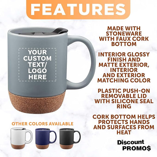 Custom Barista Ceramic Mugs with Cork Bottom 13 oz Set of 12/36/72 Personalized Bulk Pack Perfect for Coffee Tea Espresso Hot Cocoa Other Beverages - Grey
