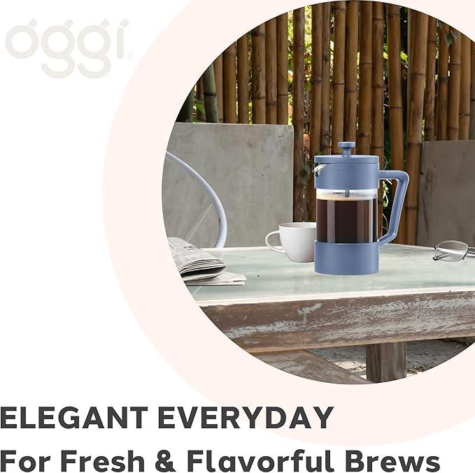 Oggi Borosilicate Glass French Press Coffee Maker (20oz)- 5 Cup Capacity, Coffee Press, Single Serve Coffee Maker, Stainless Steel Lid & Plunger, Make Great Coffee Gifts, Blue