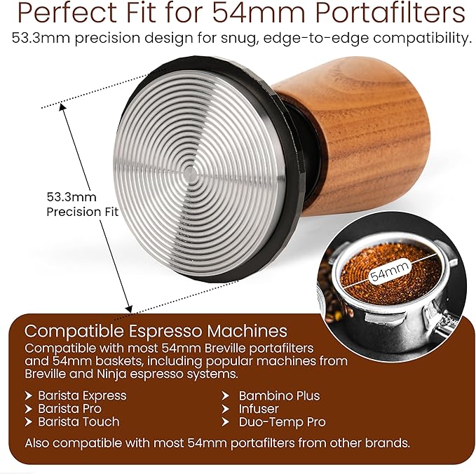 Calibrated Espresso Tamper with 30lb Click Feedback – 3 Interchangeable Bases for Custom Tamping (Convex, Grooved, Waffle) – Ergonomic Handle – Fits 54mm Breville-Compatible Portafilters