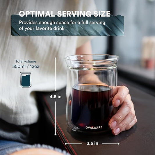 ovalware Double Wall Single Lip Insulated Glass Cup, Set of 4 (12oz / 350ml) - Borosilicate Glass For Coffee, Tea, Whiskey, Cocktails & All Beverages - Minimalistic & Durable Double-Wall Drinking Mug