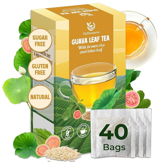 VieTreasures 40 Guava Lotus Leaf Tea Bags | 100% Natural Botanicals Blends, No Caffeine, Vegan, No Sugar | Herbal Tea for Digestion & Weight Balance, Individually Wrapped for Freshness | 2.8oz