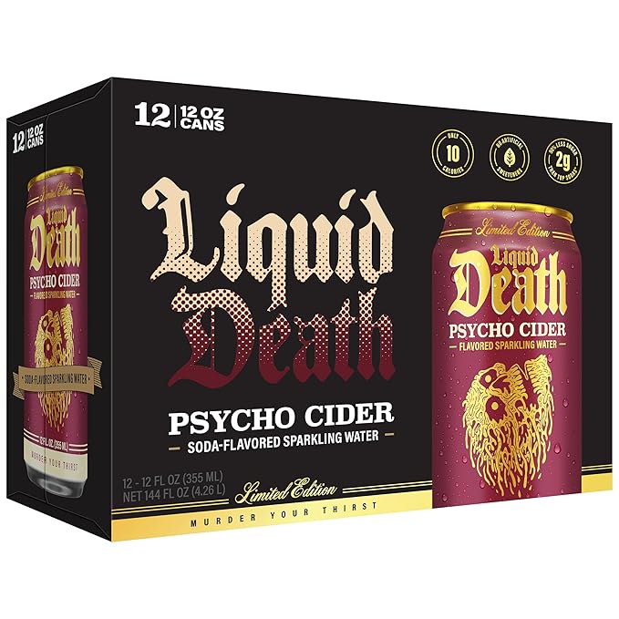 Liquid Death Soda-Flavored Sparkling Water - Psycho Cider (Apple Cinnamon), Less Sugar*, Huge Flavor, No Caffeine, No Artificial Sweeteners, 12 Fl Oz (Pack of 12)