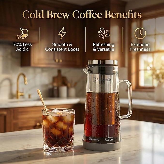 BrewMOO Cold Brew Coffee Maker Pitcher, 1.0L/34Oz Airtight Borosilicate Glass Carafe with 150 Mesh Precision Filter | Barista Grade Iced Coffee Maker, Integrated Glass Handle & Non Slip Base (Grey)