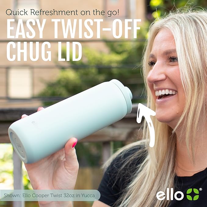 Ello Cooper Twist 40oz Stainless Steel Water Bottle with Chug Lid | Leak Proof | Double Walled and Vacuum Insulated | Built in Carry Loop | Dishwasher Safe | Antigua