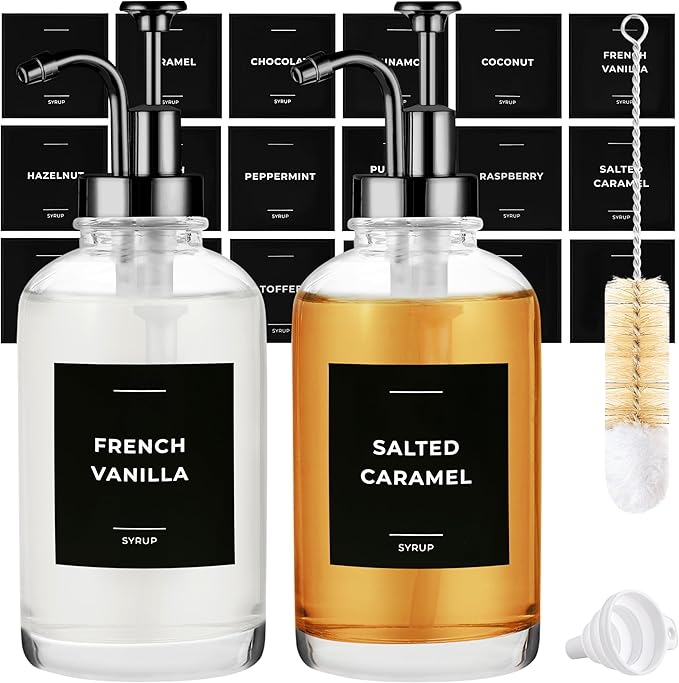 Spaceneat Coffee Syrup Dispenser with Pump - Includes 24 Flavor Labels - Glass Syrup Dispenser for Coffee Bar - Elevate your Beverage Station with 16.9 fl oz Flavoring Container Bottles, 2pcs, Black