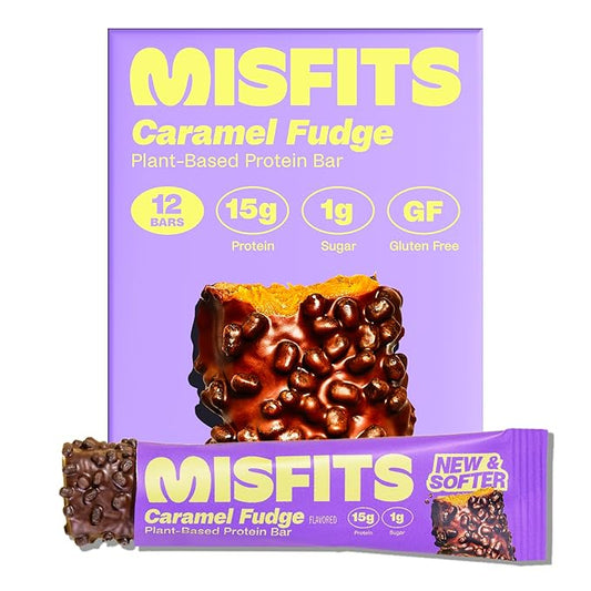 Misfits Vegan Protein Bars - Sweet Caramel Fudge | Nutrition Bars - 15g Protein, 1g Sugar, Plant-based, Low Carb, Non-GMO, Gluten Free Snacks | Pack of 12