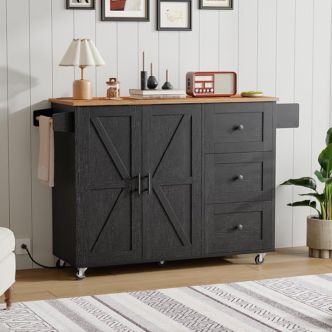 HOOBRO Kitchen Island with Power Outlet, Rolling Kitchen Island on Wheels, Island Table with 3 Large Drawers, Storage Cabinet, Spice Rack and Adjustable Shelf, Black and Rustic Brown BF15UZD01