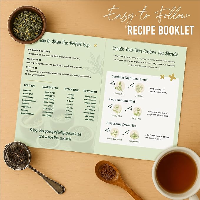 Loose Leaf Tea Sampler - Tea Gift Set Box – 8 Unique Flavors with Stainless Steel Infuser | Vanilla Chai, Jasmine, Lemon Honey & More | Tea Gift Set for Women and Men - Set of 9