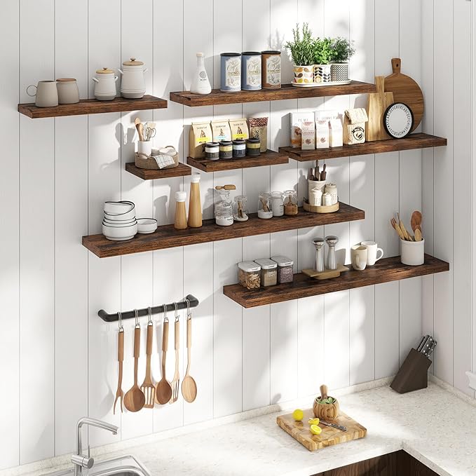 Floating Shelves for Wall with Invisible Brackets, Wall Mounted Engineered Wood Shelves with Wood Grain for Living Room, Bathroom, Kitchen Decor and Storage, Oak, 24"L Set of 2, Rustic Brown