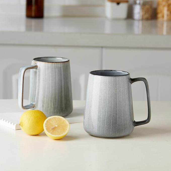 24 OZ Extra Large Ceramic Coffee Mug, with Spoon and Wooden Lid, Big Tea Cups with a Large Handle for Office and Home, Microwave and Dishwasher Safe (24 oz Grey Set)