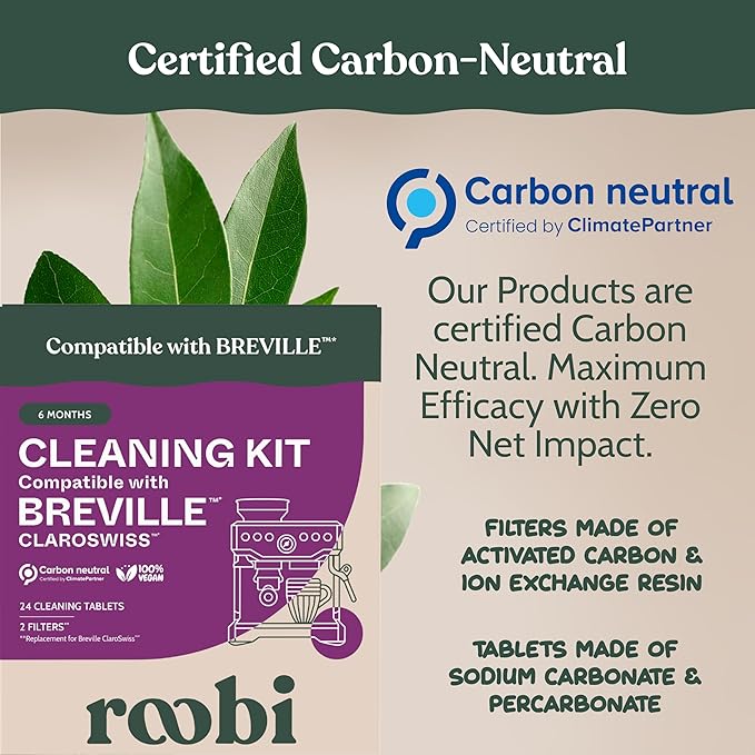 Roobi Espresso Cleaning Kit compatible with Breville ClaroSwiss Filters. Includes 24 Cleaning Tablets and 2 ClaroSwiss Water Filters. Carbon Neutral. 6 Month Supply.