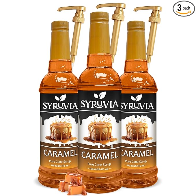 Syruvia Caramel Syrup - 25.4 fl oz. Premium Coffee Flavoring Syrup. Kosher, and Gluten-Free. Perfect for Enhancing Drinks, Sodas, Shakes, Desserts, and More With Pump (Pack of 3)