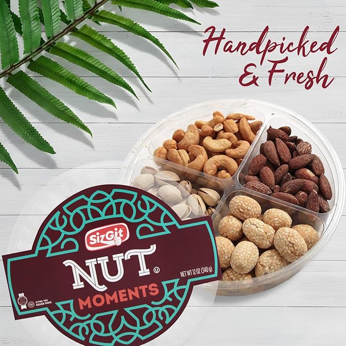 SizGit Nut Gift Baskets, 12oz Mixed Nut Gift Box of 4 Sectional Platter, Ideal Nut Assortment for Holidays, Birthdays, Celebrations, Anniversaries, Corporate Occasions and Everyday Snacking