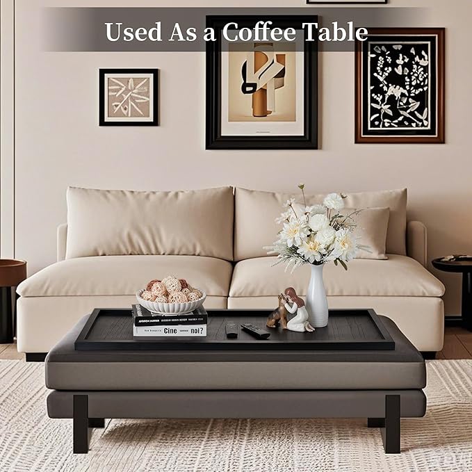 Hanobe Large Ottoman Serving Tray: Farmhouse Wood Decorative Coffee Table Trays for Home Decor Living Room for Black Long Kitchen Counter Topper