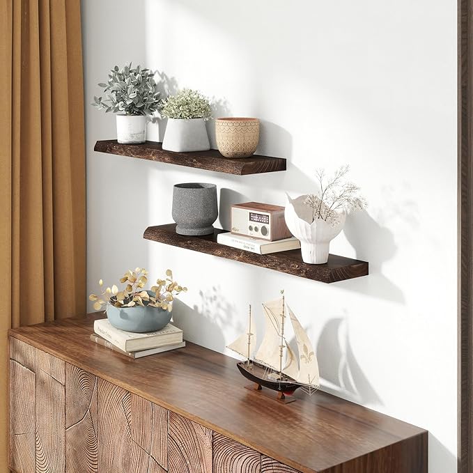Live Edge Elm Wood Floating Shelves, 36 Inch Long Wall Shelves 2 Pack Shelf for Farmhouse Bedroom Bathroom Kitchen, Wall Mounted Wooden Shelf with Invisible Bracket for Books Decor, Walnut