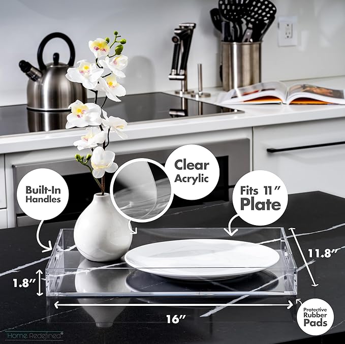 Modern Elegant 16"x12" Rectangle Acrylic Lucite Plastic Decorative Tray Clear Serving Tray with Clear Handles Food Fruit Display Makeup Perfume Storage for All Occasion's by Home Redefined
