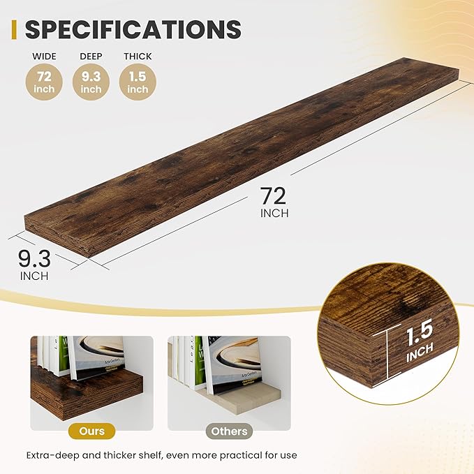 72 Inch Floating Shelves, 9.3" Deep Floating Shelf Wall Mounted, 72" Wall Shelves, Rustic Deep Bookshelf, Large Display Shelves & Storage Shelves for Bedroom, Living Room, Brown, Set of 1