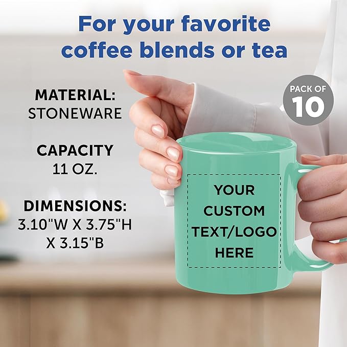 Custom Ceramic Coffee Mugs 11 oz. Set of 10, Personalized Bulk Pack - Coffee cup set, Iced coffee cup, Gaming mug - Tiffany Teal