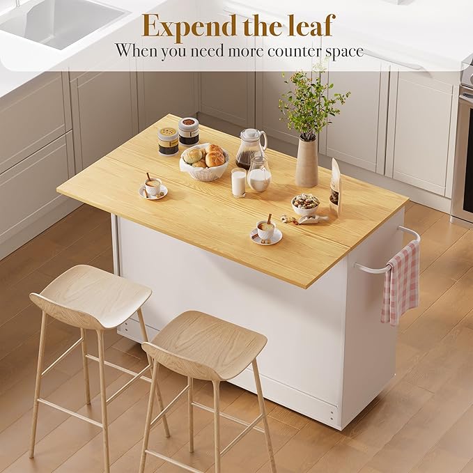 Kitchen Island on Wheels with Storage-Multifunctional Kitchen Island Cart with Drop Leaf, Rolling Island with Spice/Towel Rack,Expandable Island Table Kitchen,39.37" Width,White