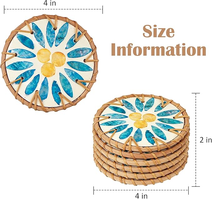 6PCS Pearl Rattan Coasters, Handmade Round Coaster, Colorful Shell Woven Coasters, for Cups, Desktop Protection, Decoration