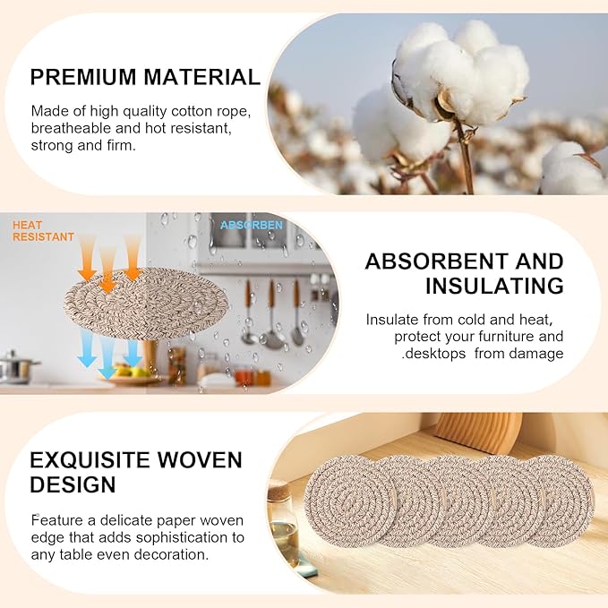 OIAHOMY 10 Pcs Drink Coasters with Holder, Boho Cotton Woven Coaster Set, Absorbent Coaster Protection for Various Cups, Ideal for Coffee Tables Home Decor and Gift, 4.3 Inches,Mixed Brown