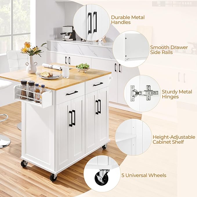 Yaheetech Kitchen Island Cart with Drop Leaf, 49" Rolling Island Table with Storage, Drawer, Kitchen Cart with Rubberwood Top, Detachable Towel & Spice Rack, White